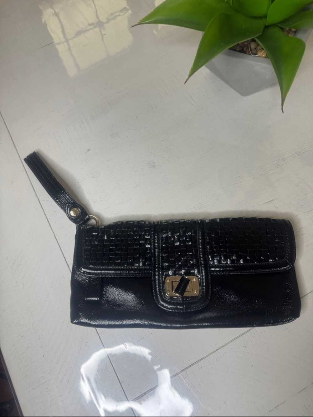 Elliott Lucca Woven Patent Leather Clutch Purse. Black.